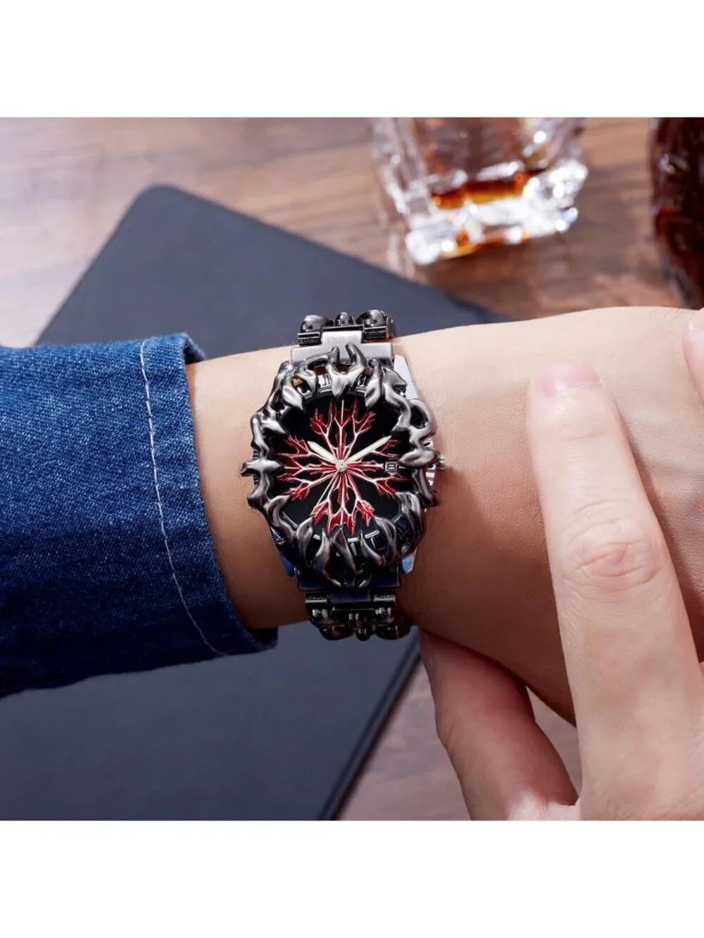 Men Red Dial Quartz Gothic Claw Unique Stainless Steel Luminous Waterproof Watch